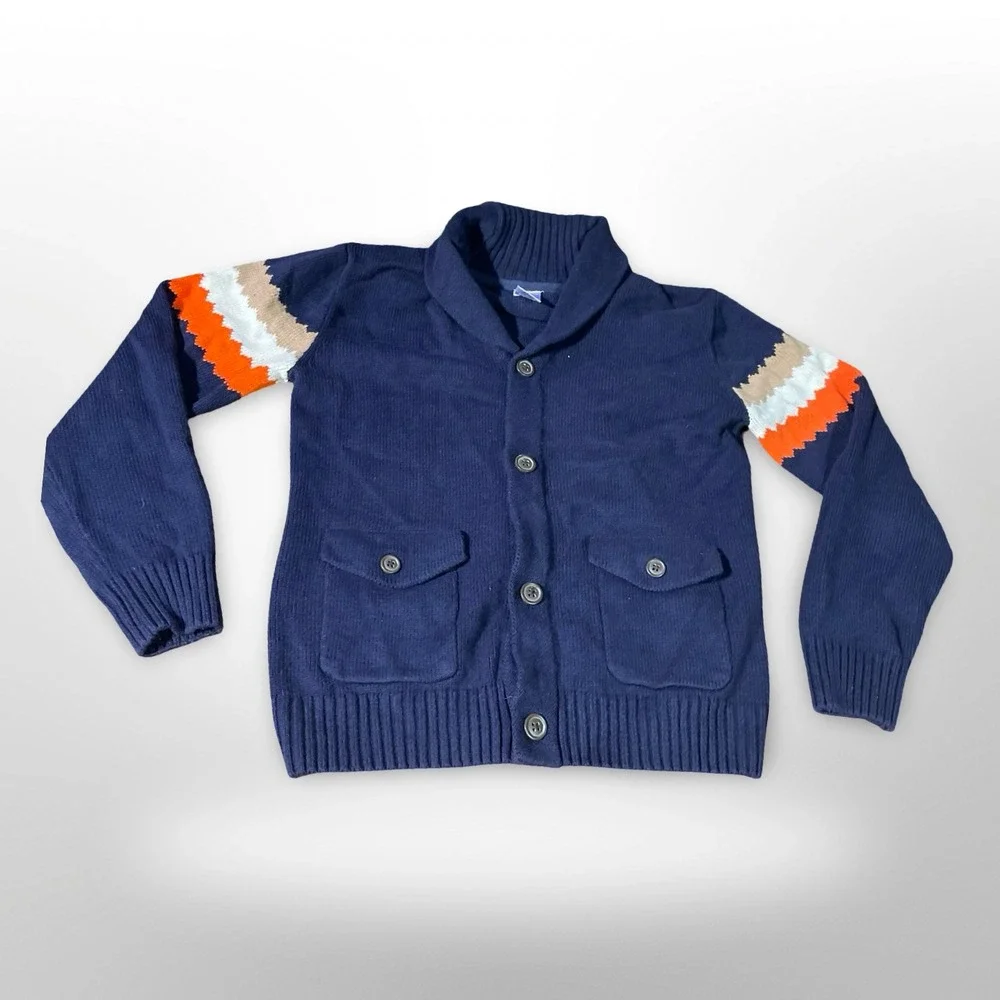 Gymboree Boys Navy Shawl Collar Cardigan Sweater Stripe Sz M‎ 7 8 Casual cottage